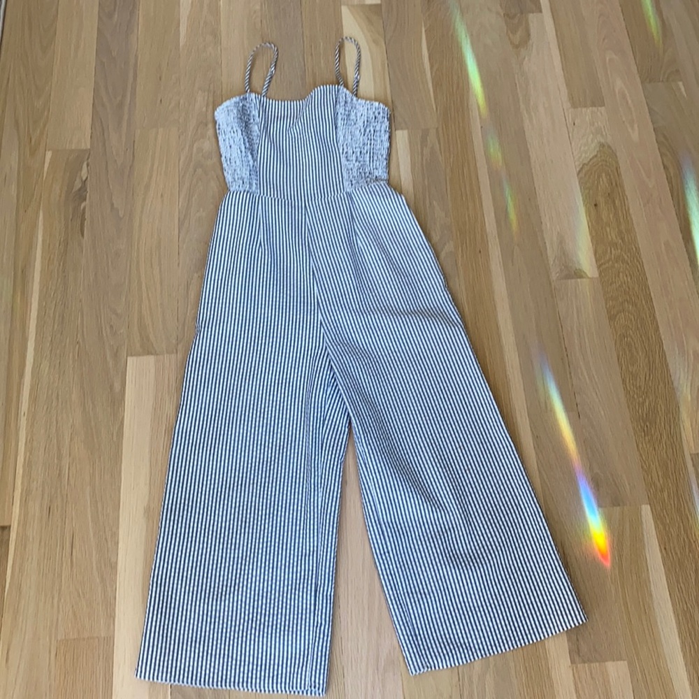 Seersucker blue and white jumpsuit